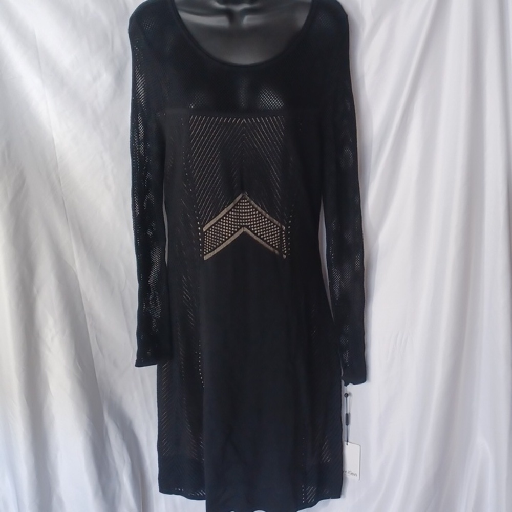 Calvin Klein meshed long sleeved textured bodycon black dress NWT, nude lining
